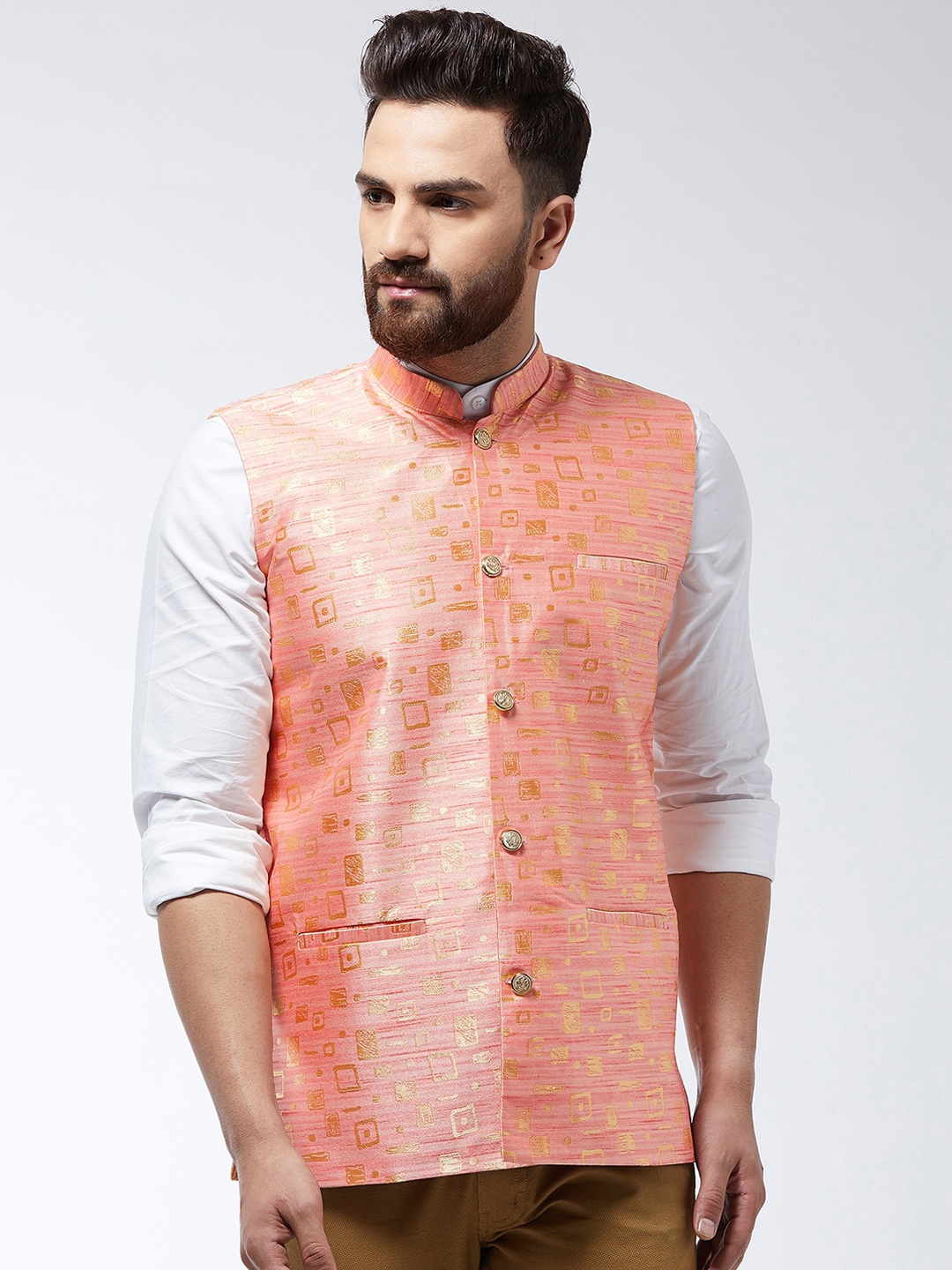 

SOJANYA Men Peach- Coloured & Gold-Coloured Woven Design Nehru Jacket