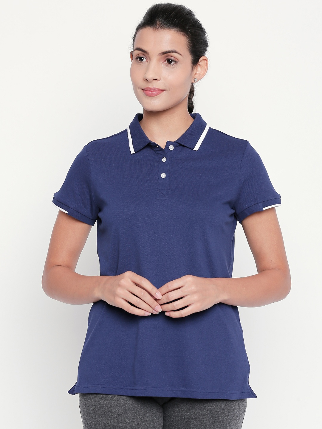 

Ajile by Pantaloons Women Navy Blue Solid Polo Collar T-shirt