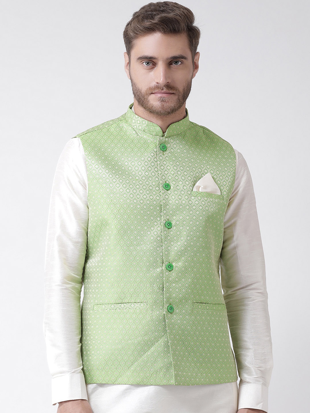 

DEYANN Men Green Woven Design Nehru Jacket