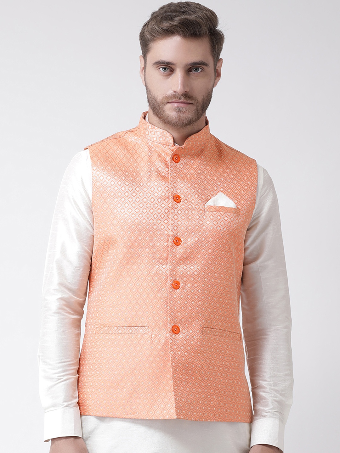 

DEYANN Men Orange Woven Design Nehru Jacket