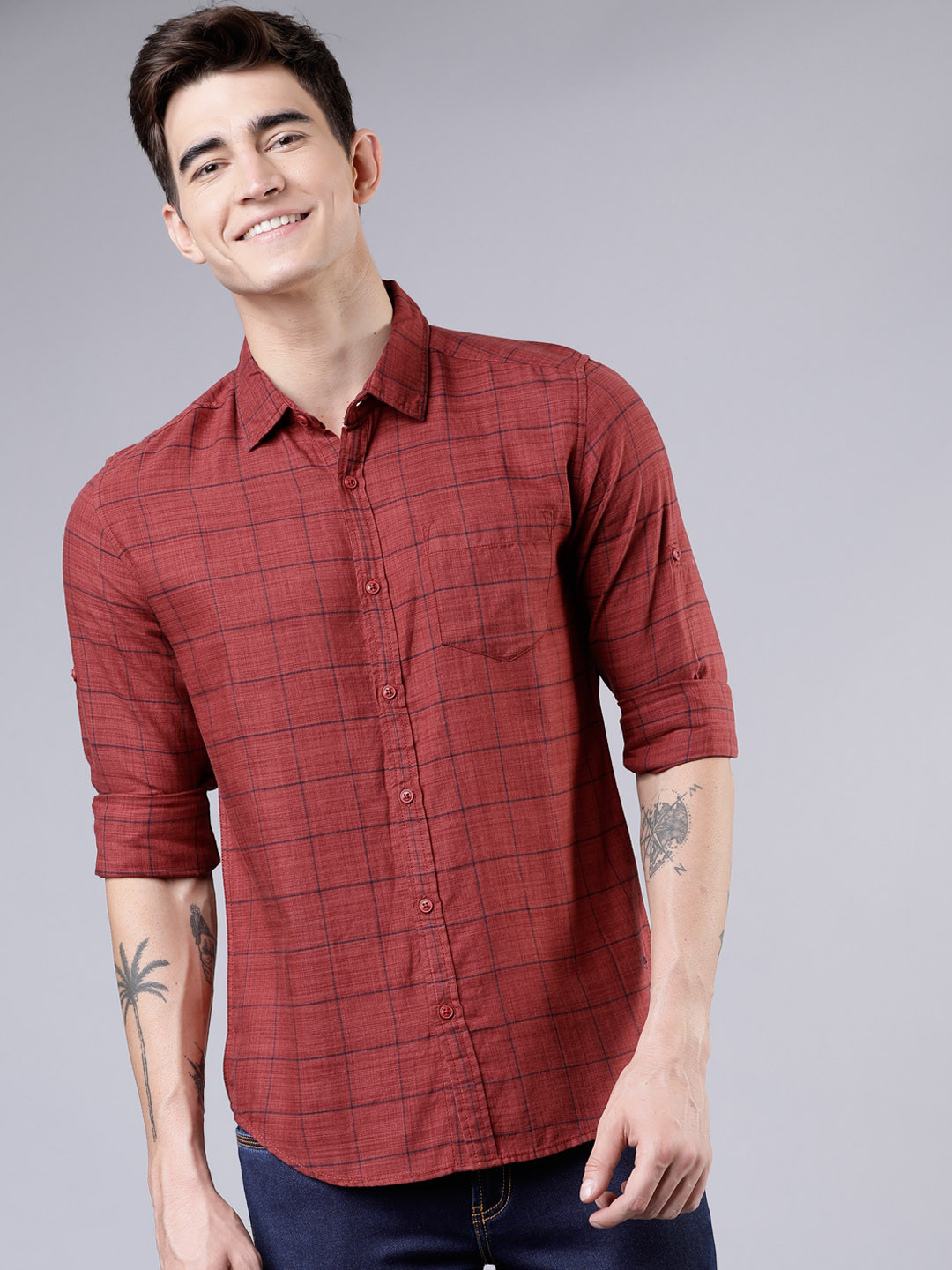 

LOCOMOTIVE Men Rust Slim Fit Checked Casual Shirt