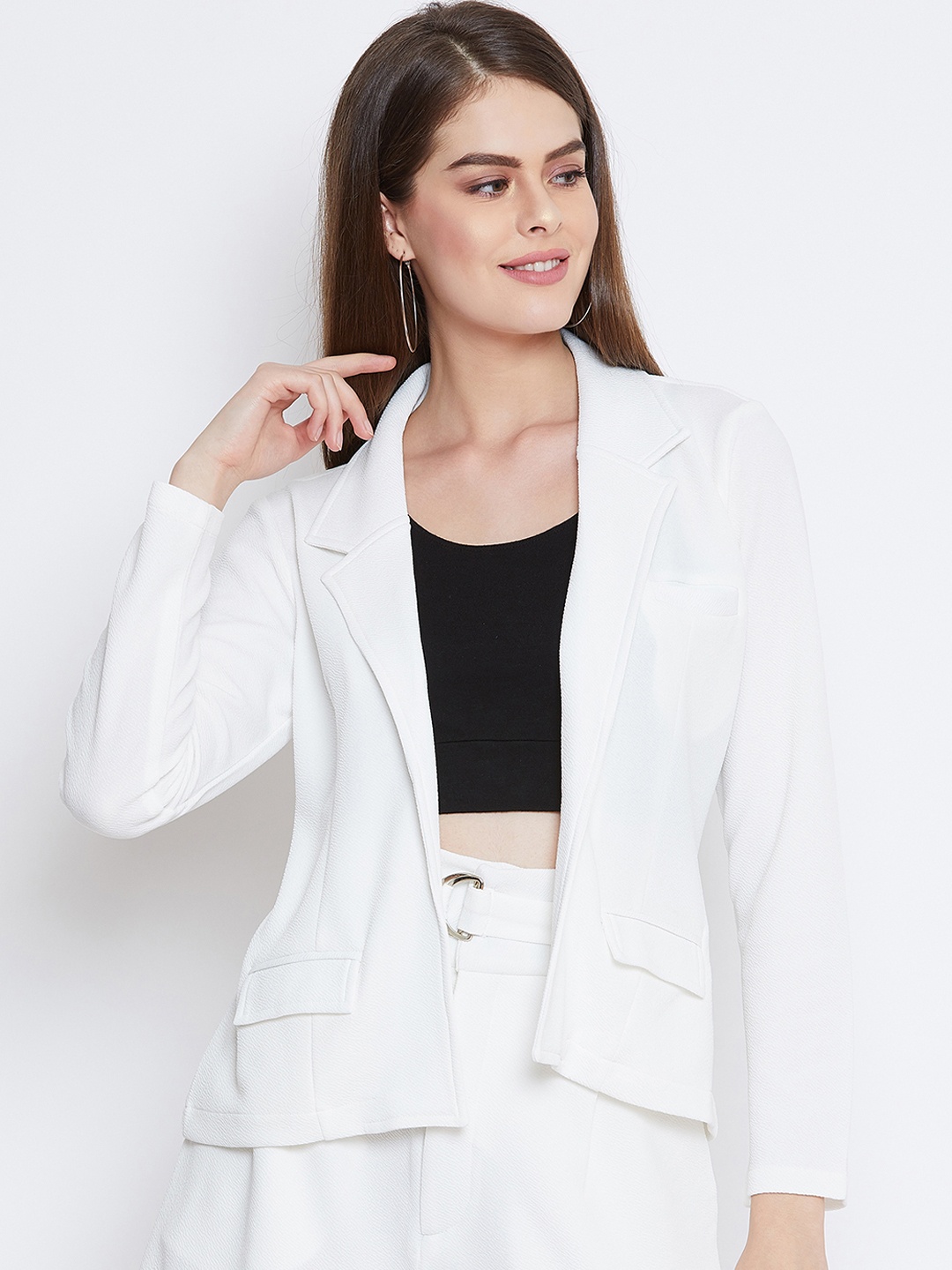 

Zastraa Women White Self Design Hip-Length Coat
