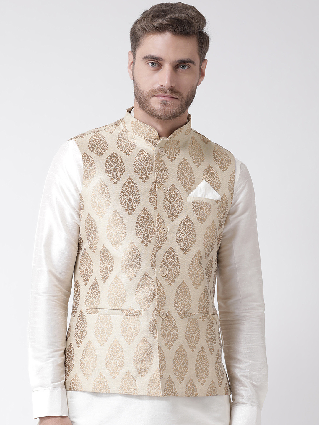 

DEYANN Men Cream-Coloured Woven Design Nehru Jacket