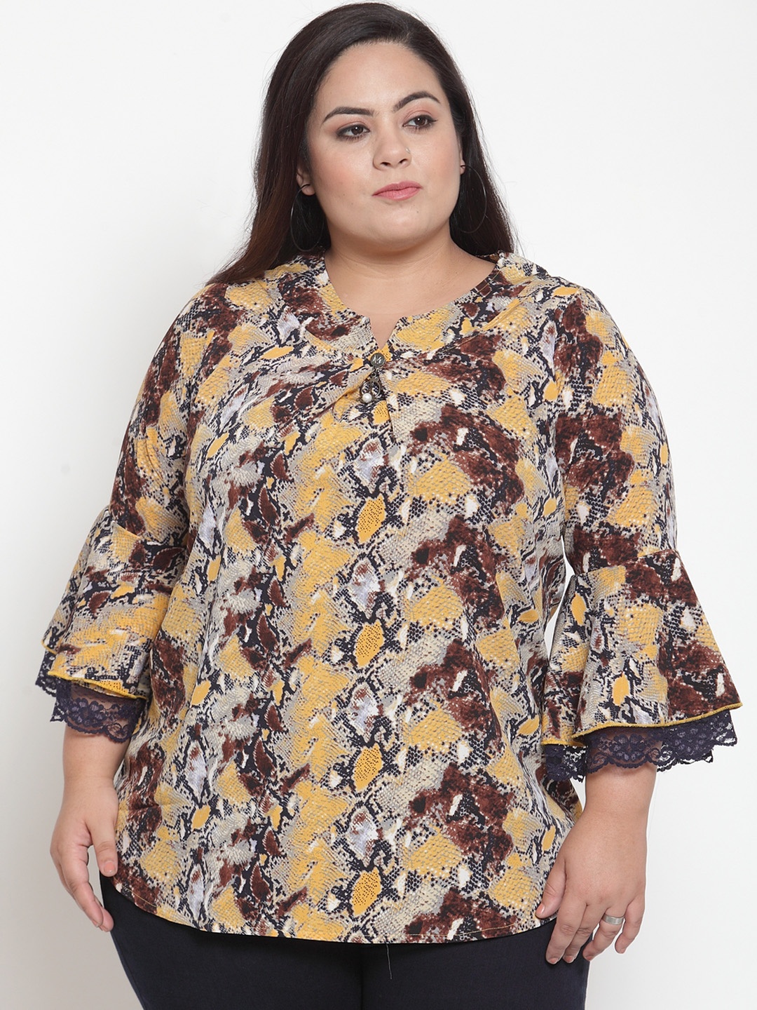 

plusS Women Yellow & Brown Snakeskin Print Top
