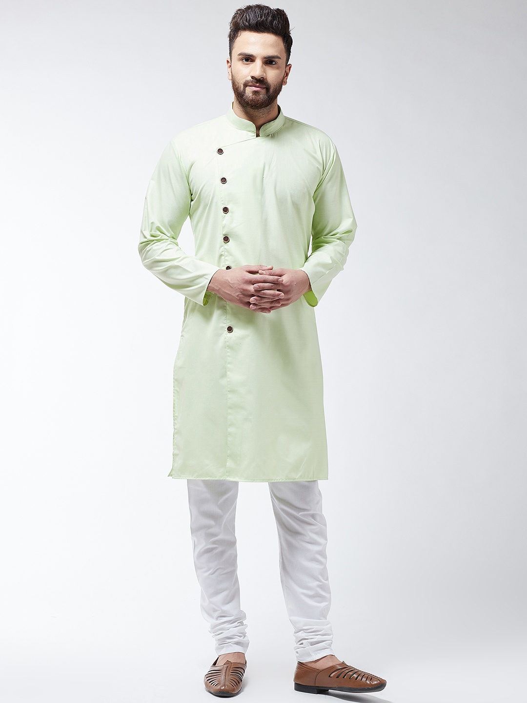 

SOJANYA Men Green & White Solid Kurta with Churidar