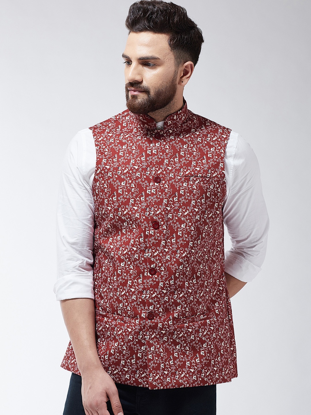 

SOJANYA Men Rust Red & Beige Printed Nehru Jacket