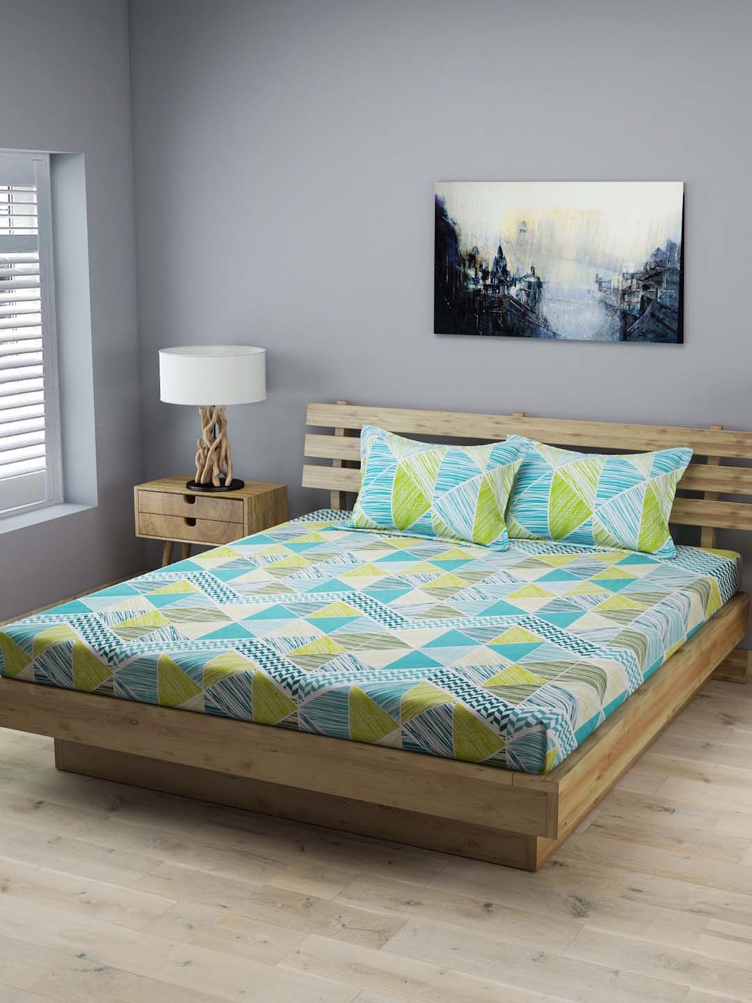 

ROMEE Blue & Green Geometric 210 TC Cotton 1 King Bedsheet with 2 Pillow Covers