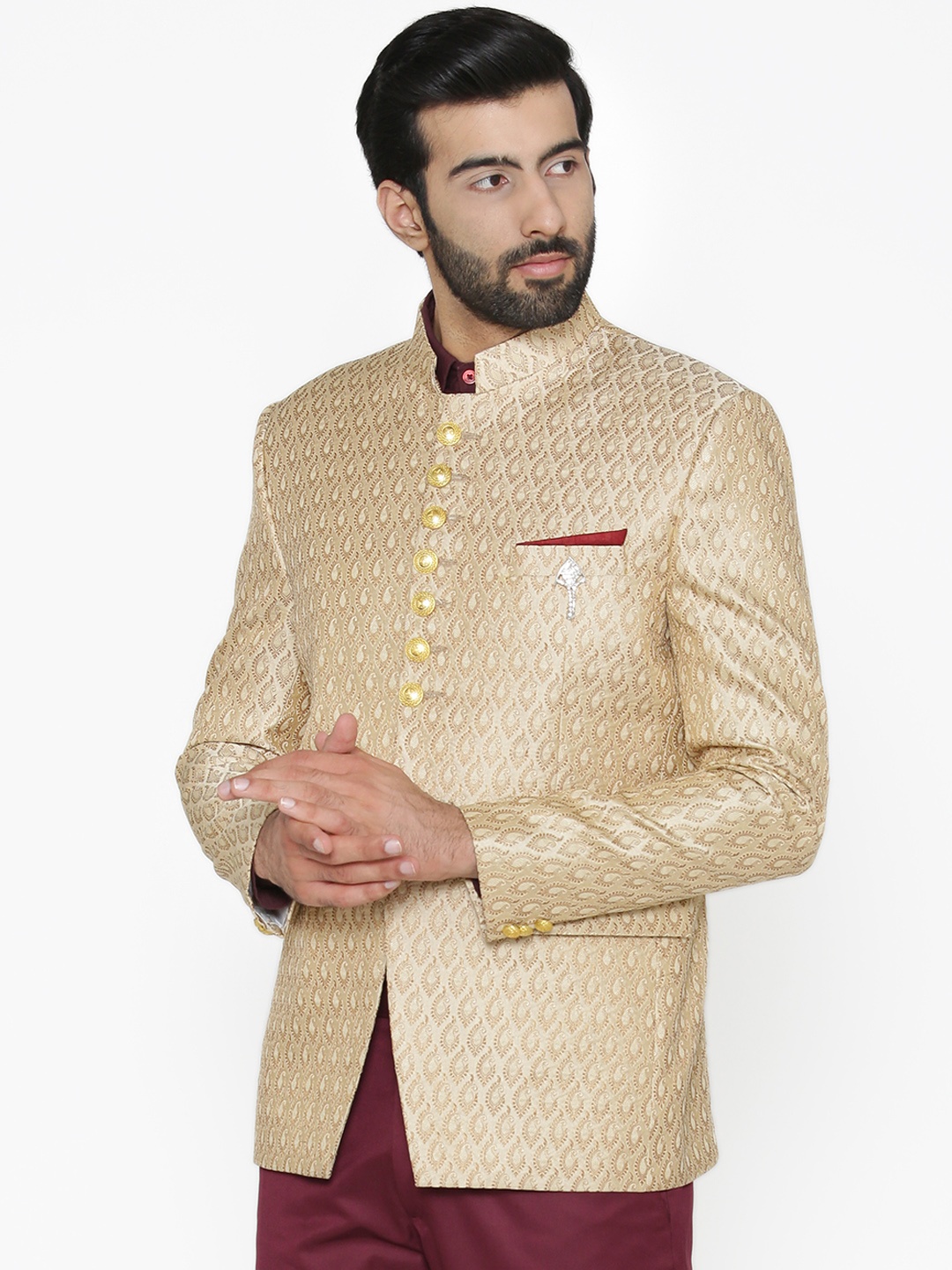 

Wintage Men Beige Self-Design Tailored Fit Bandhgala Blazer