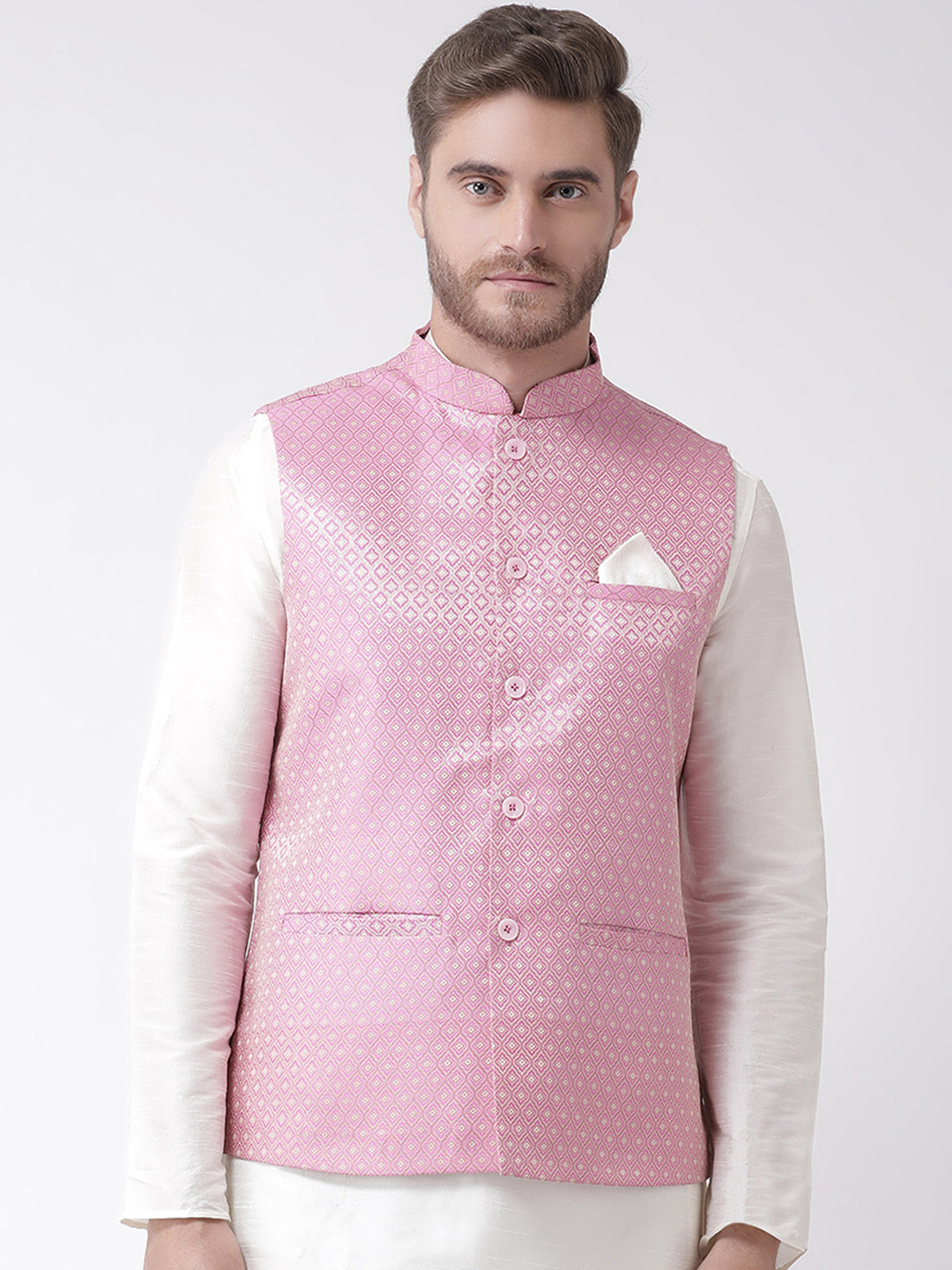 

DEYANN Men Pink Woven Design Nehru Jacket