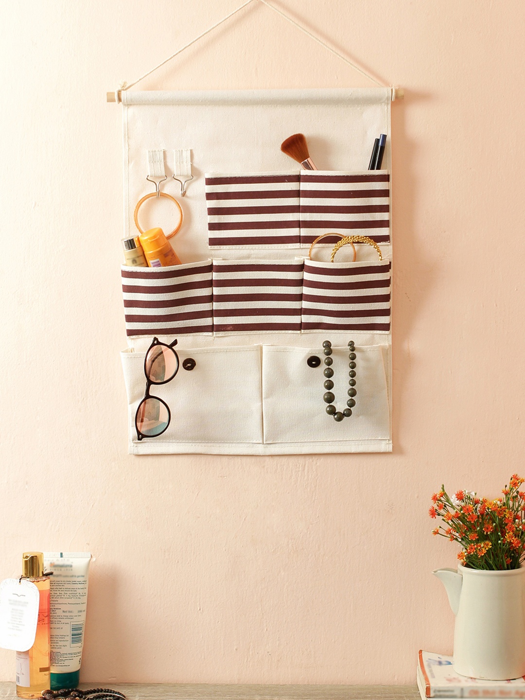 

Cortina Unisex White & Brown Striped Handbag Organiser