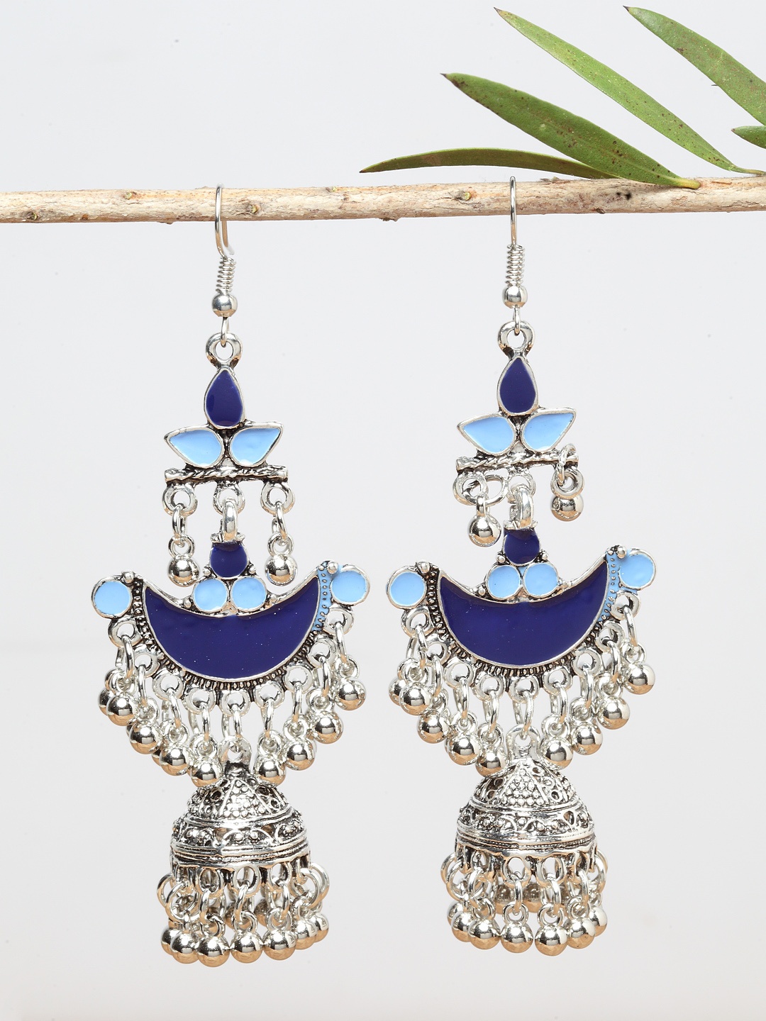 

Shining Diva Fashion Women Silver-Toned Blue Oxidised Contemporary Jhumkas