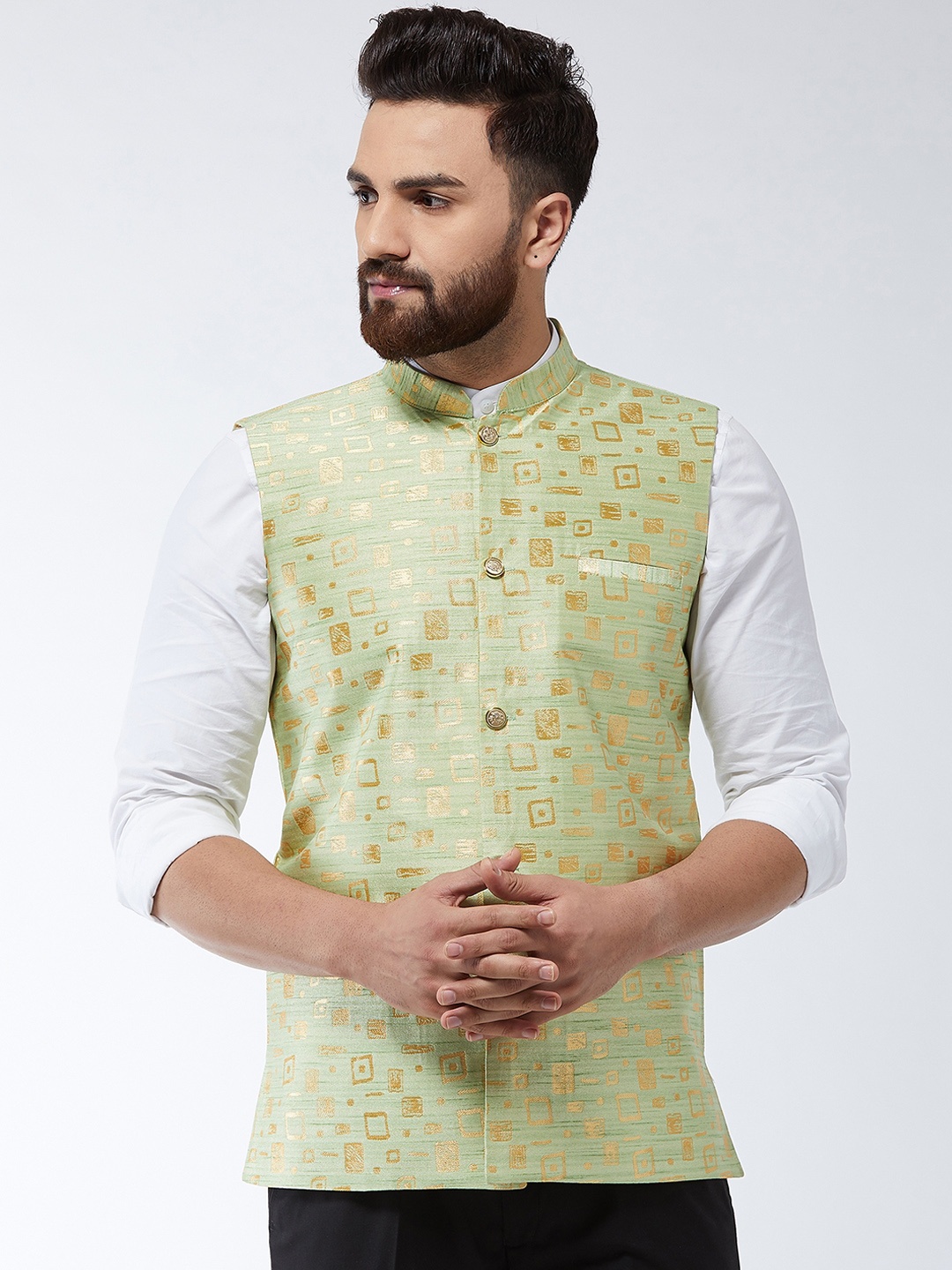 

SOJANYA Men Green & Gold-Coloured Woven Design Nehru Jacket