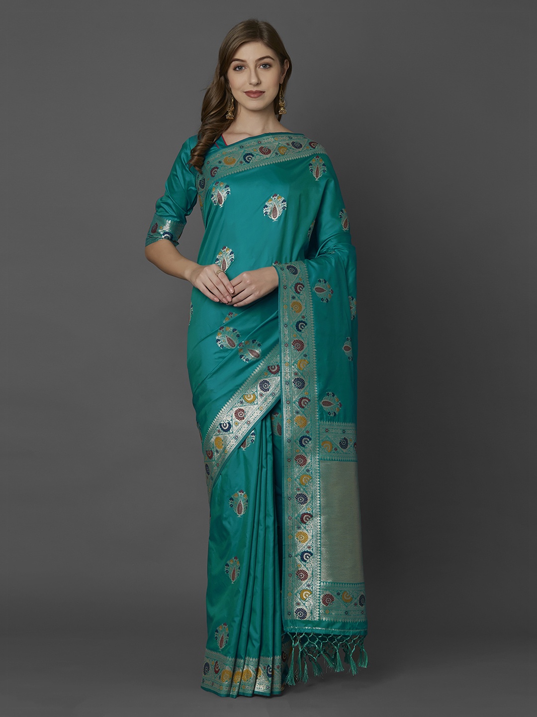 

Mitera Turquoise Blue Silk Blend Woven Design Kanjeevaram Saree