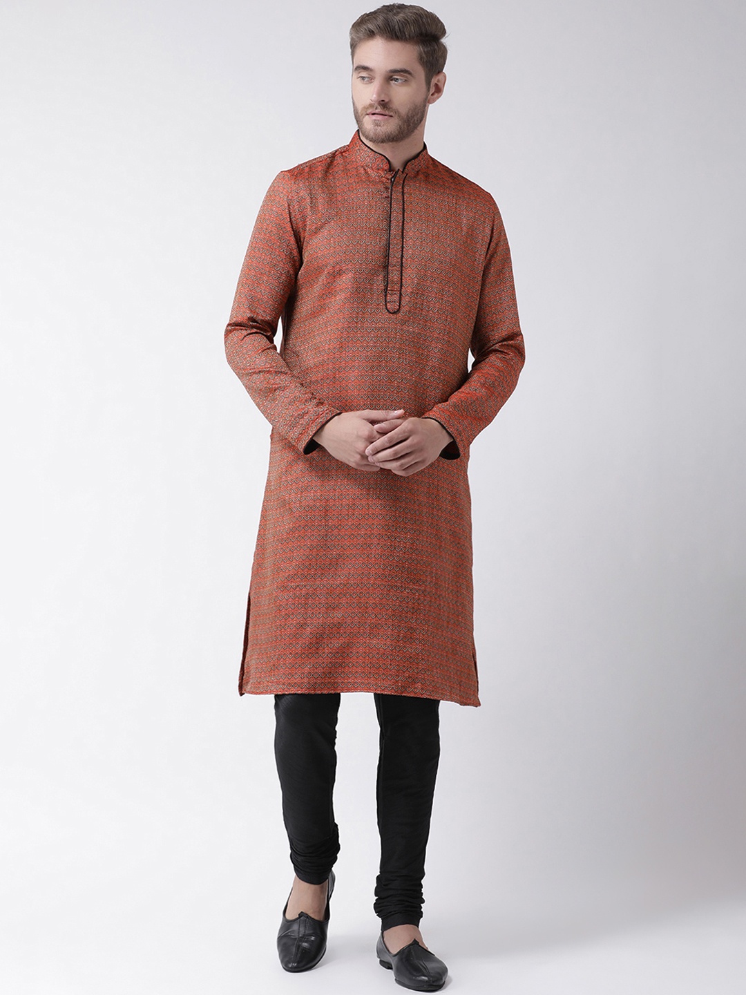 

DEYANN Men Red & Black Self Design Kurta with Churidar