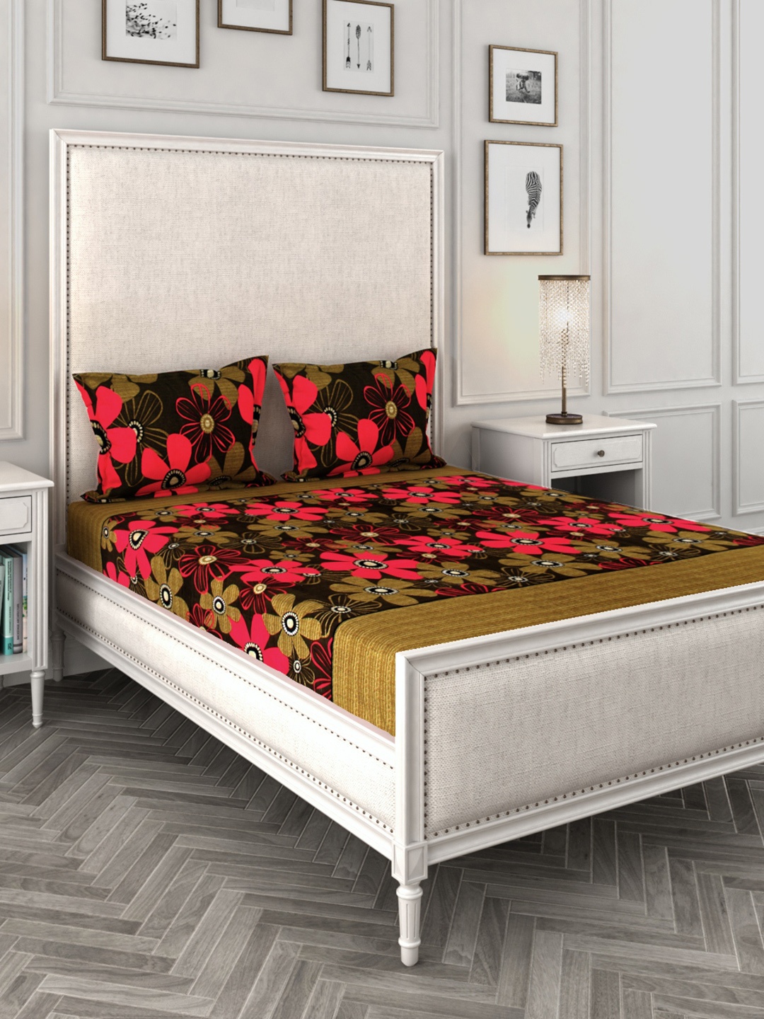 

ROMEE Floral Print 144 TC Microfiber 1 Queen Bedsheet With 2 Pillow Covers, Brown