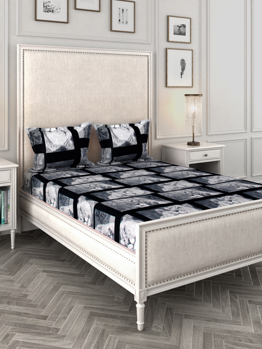 

ROMEE Grey & Black Graphic 144 TC Cotton 1 Queen Bedsheet with 2 Pillow Covers