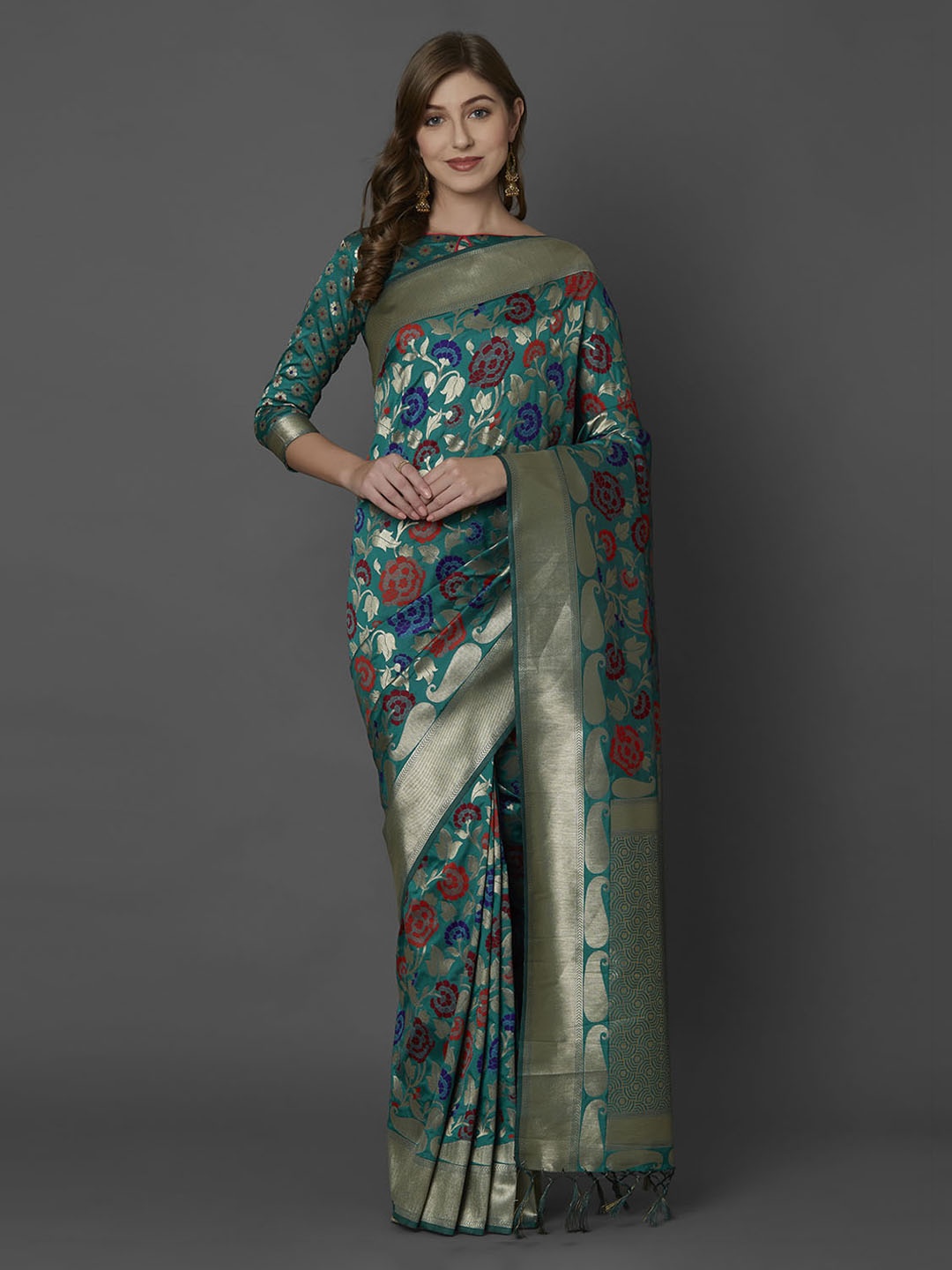 

Mitera Teal Silk Blend Woven Design Kanjeevaram Saree