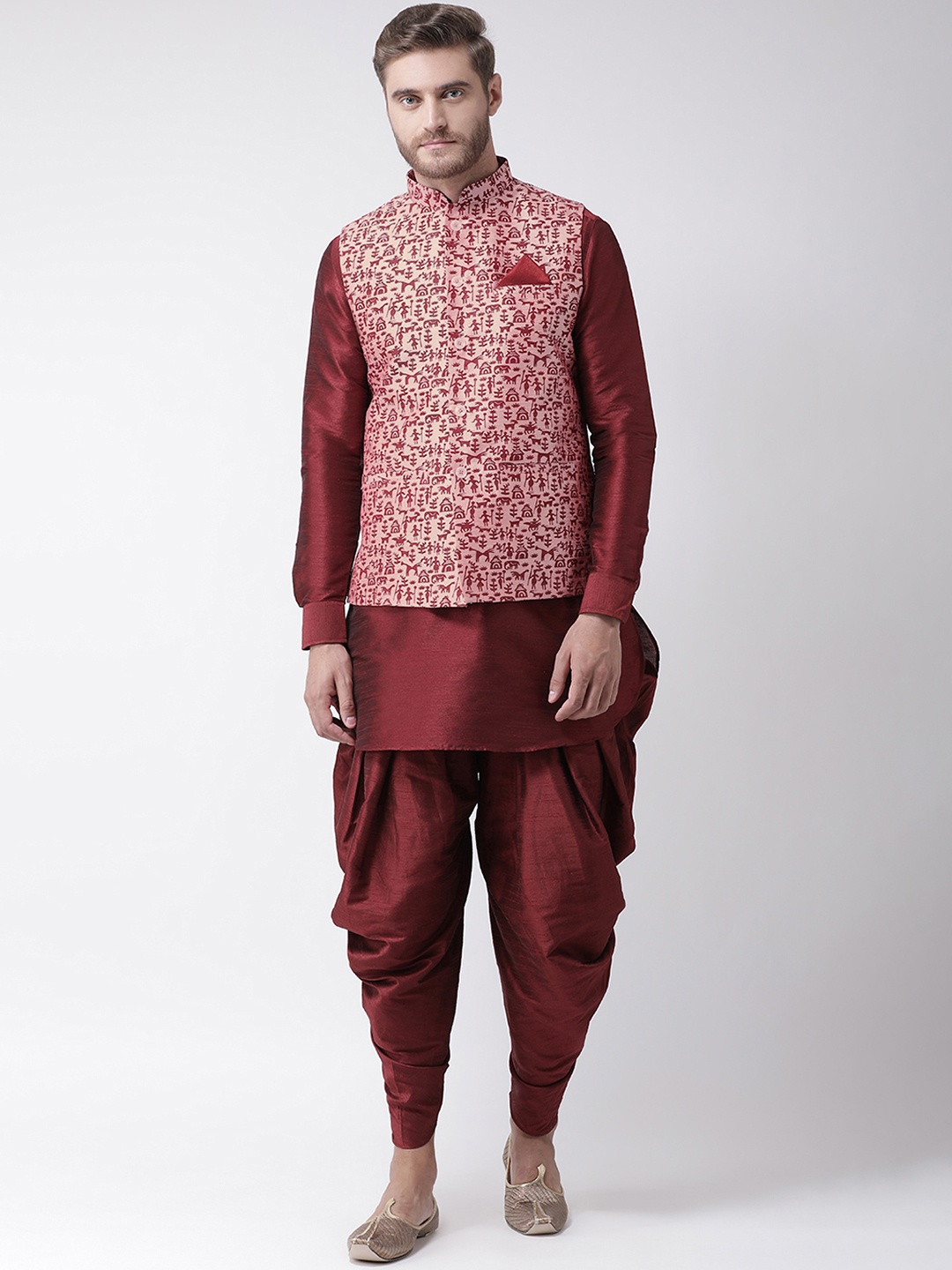 DEYANN Men Maroon Printed Kurta with Dhoti Pants