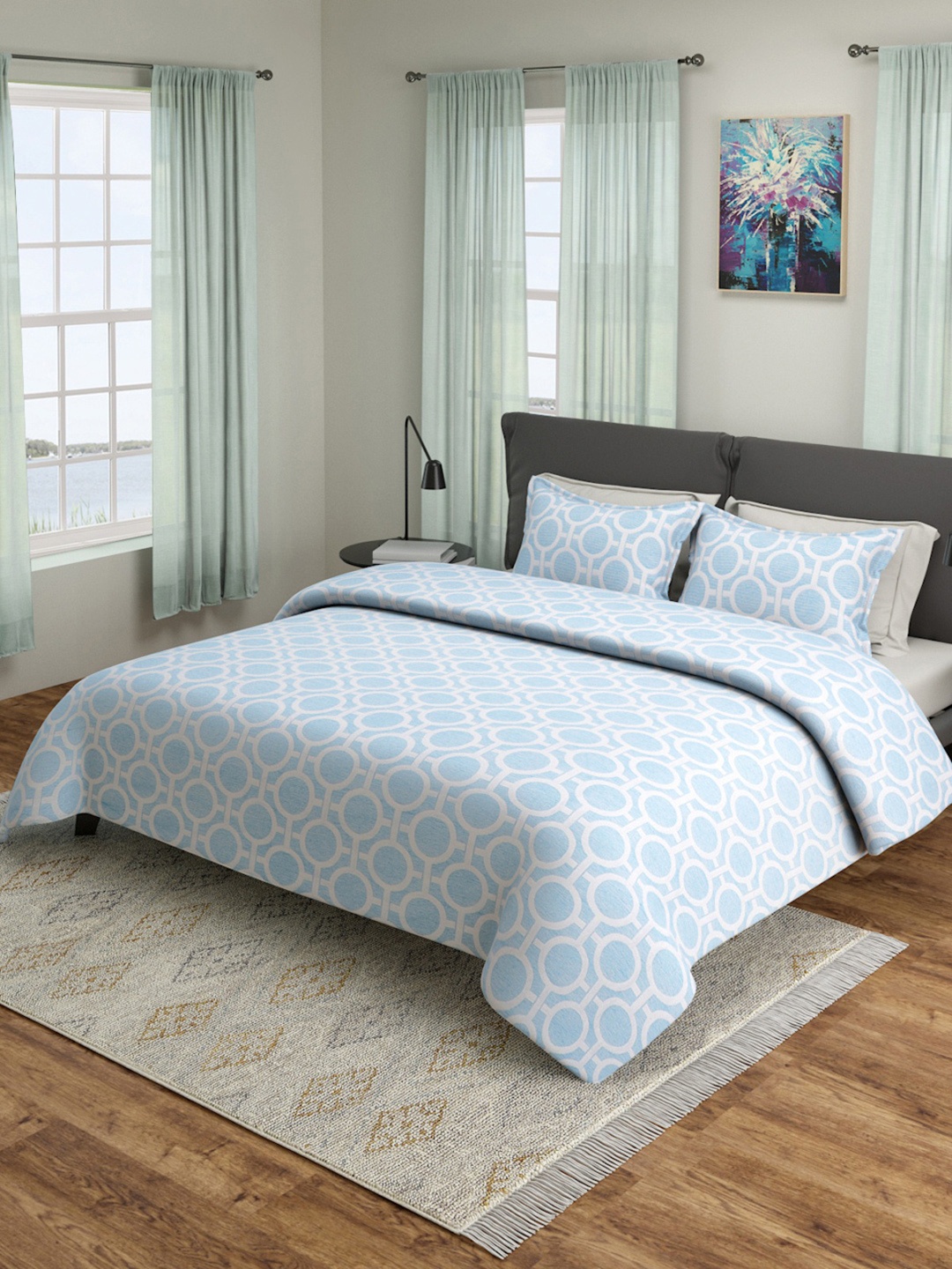 

ROMEE Blue & White Printed Bed Cover With Pillow Covers