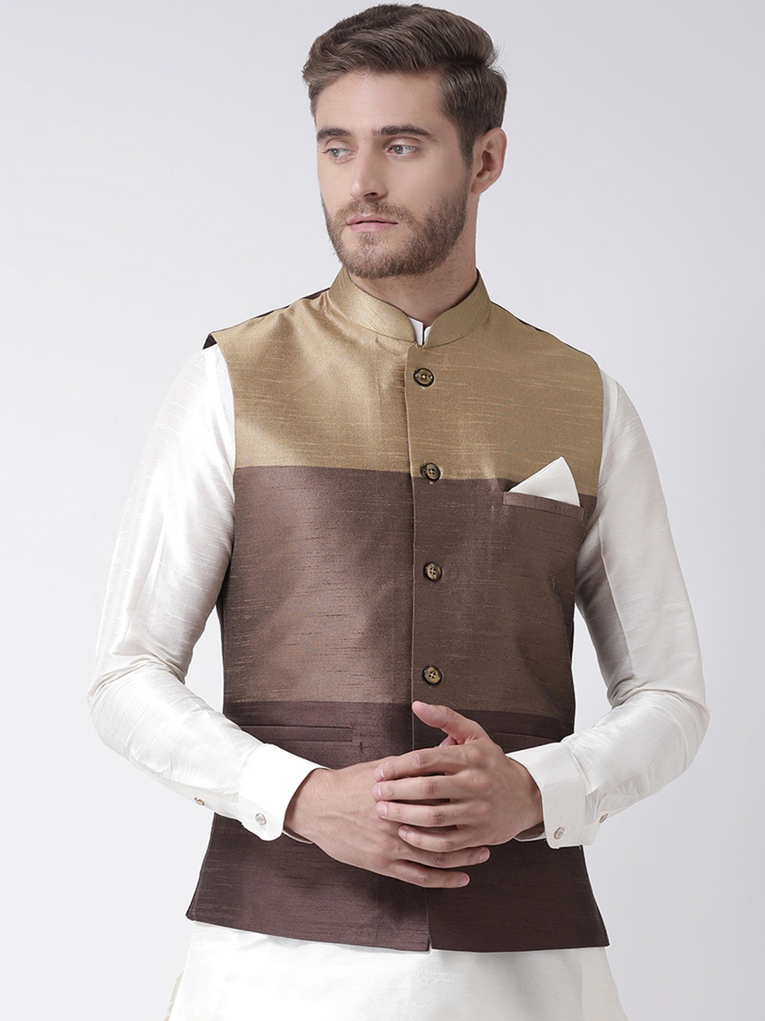 

DEYANN Men Brown & Gold-Toned Colourblocked Nehru Jacket