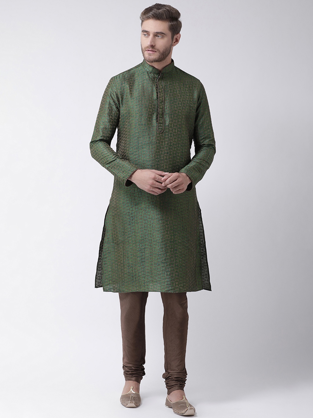 DEYANN Men Green & Brown Self Design Kurta with Churidar