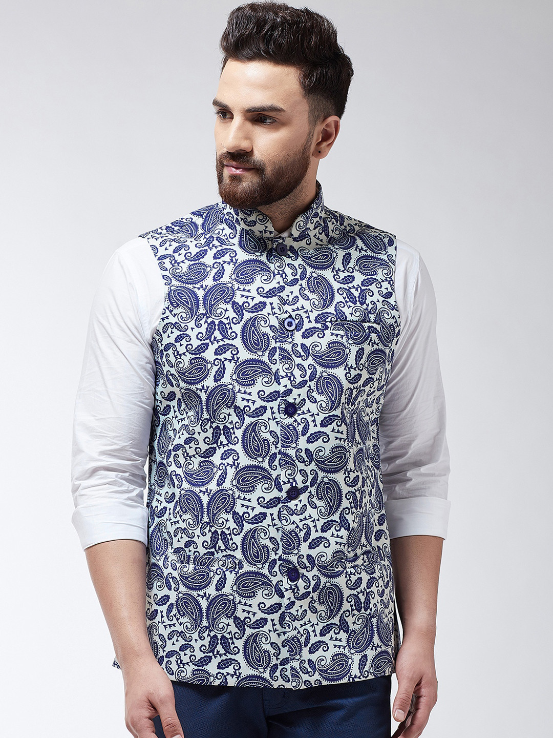 

SOJANYA Men Cream-Coloured & Blue Printed Nehru Jacket