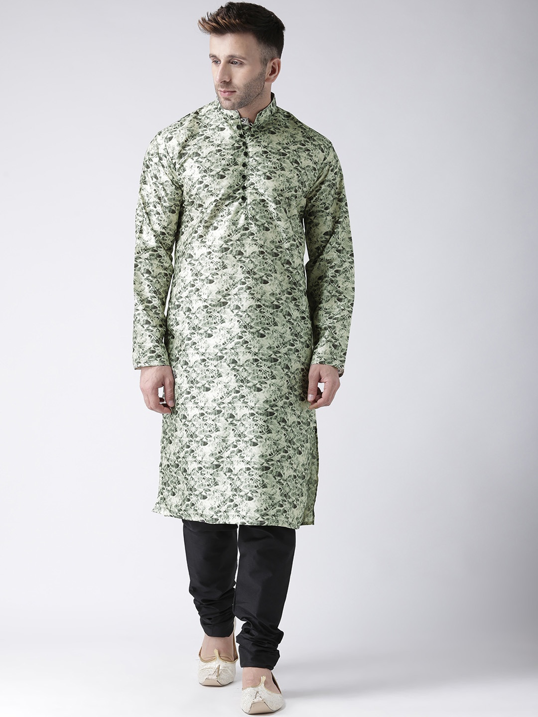 

Hangup Men Olive Green & Black Printed Kurta with Pyjamas