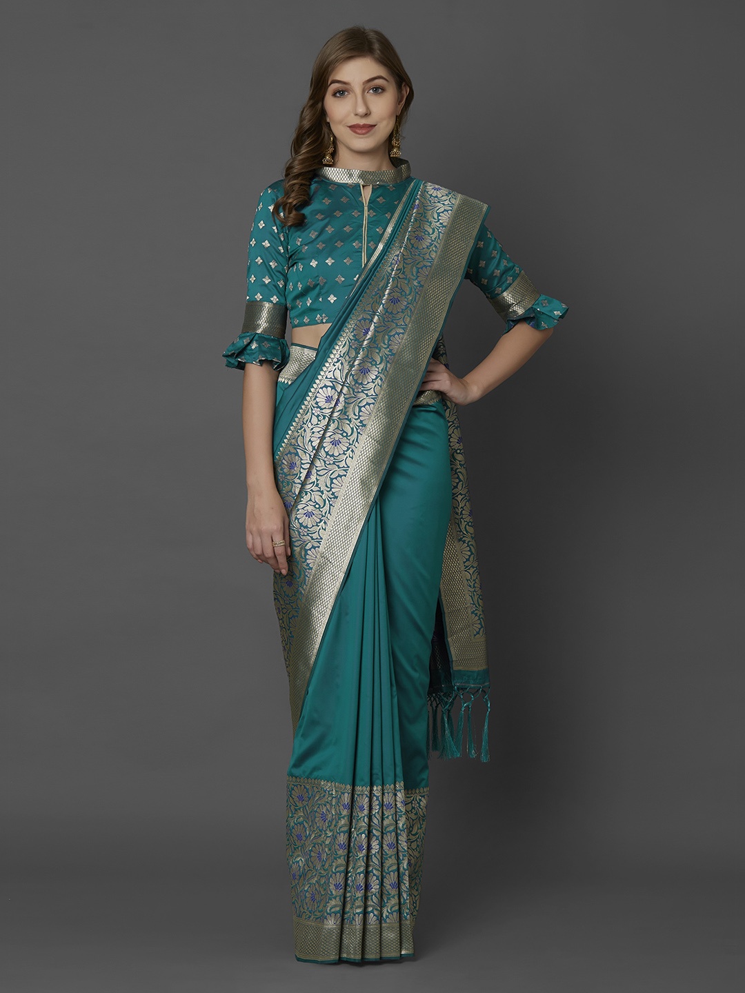 

Mitera Teal Silk Blend Woven Design Kanjeevaram Saree