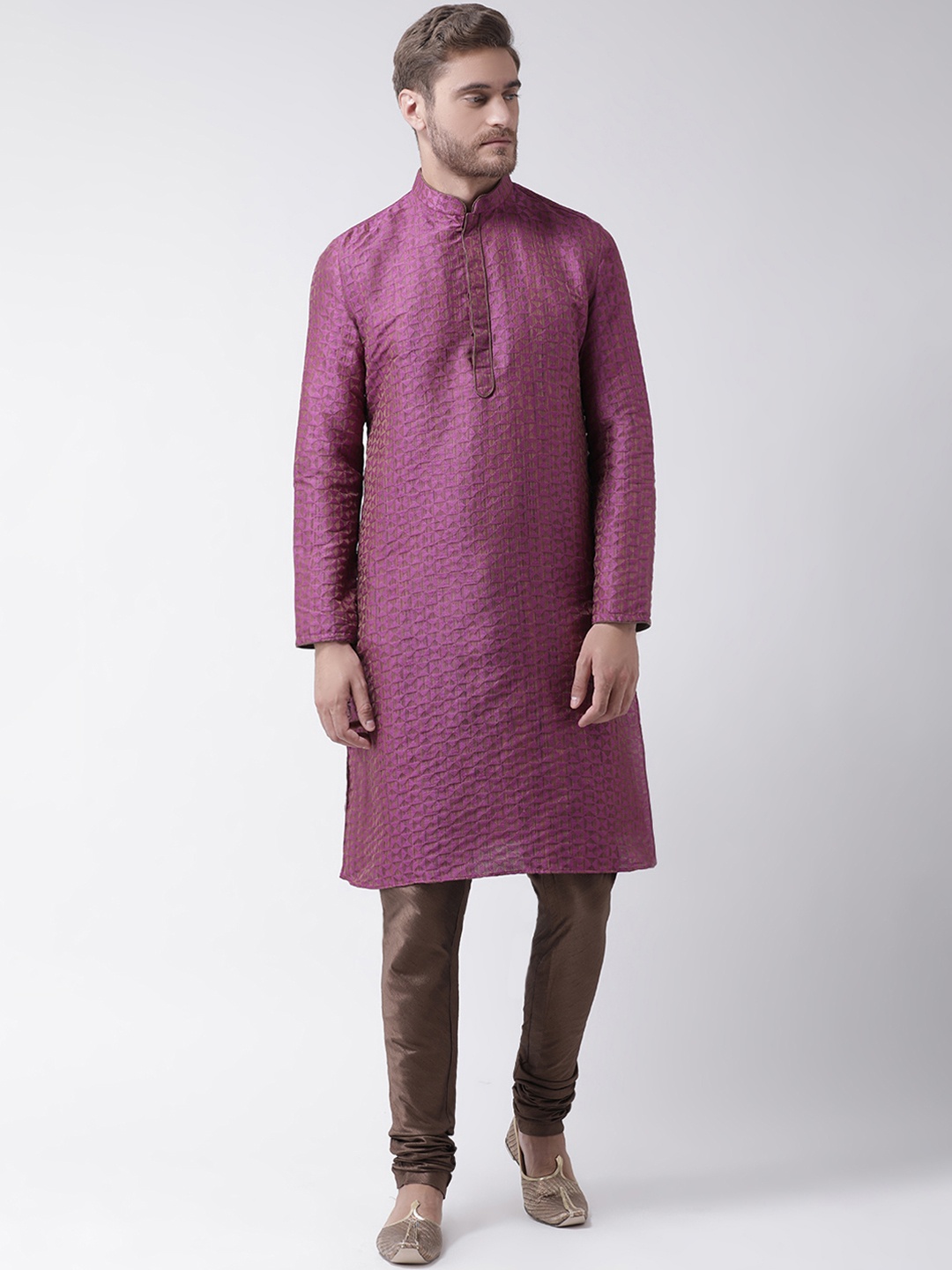 

DEYANN Men Purple & Brown Self Design Kurta with Churidar