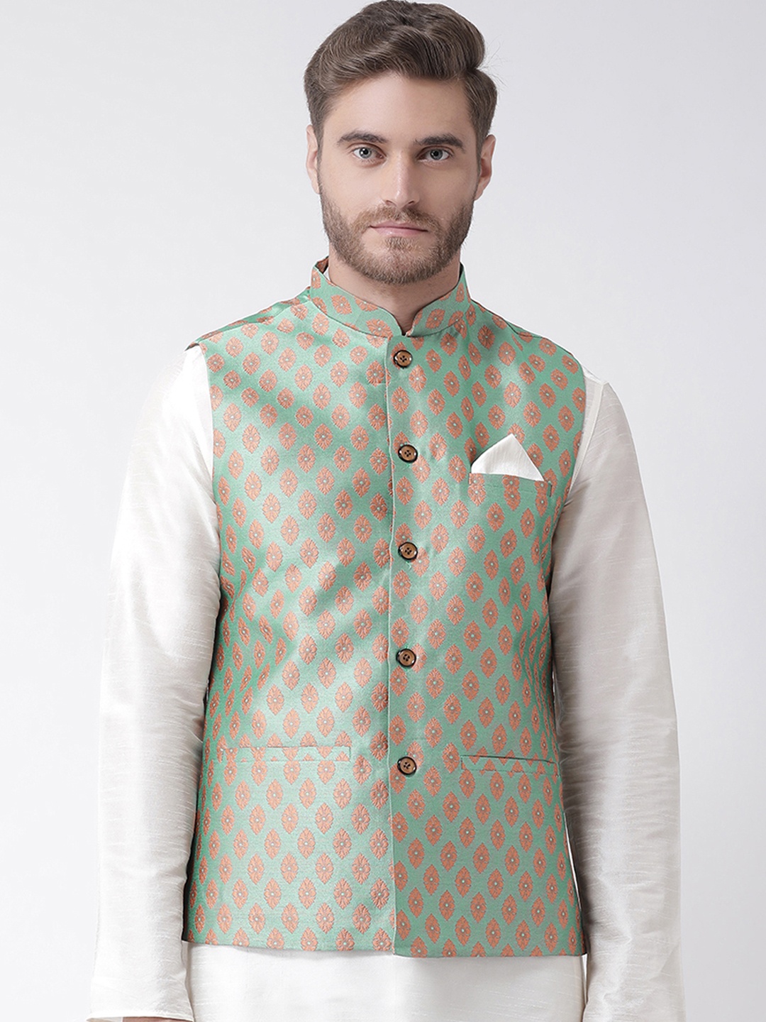 

DEYANN Men Green & Orange Woven Design Nehru Jacket
