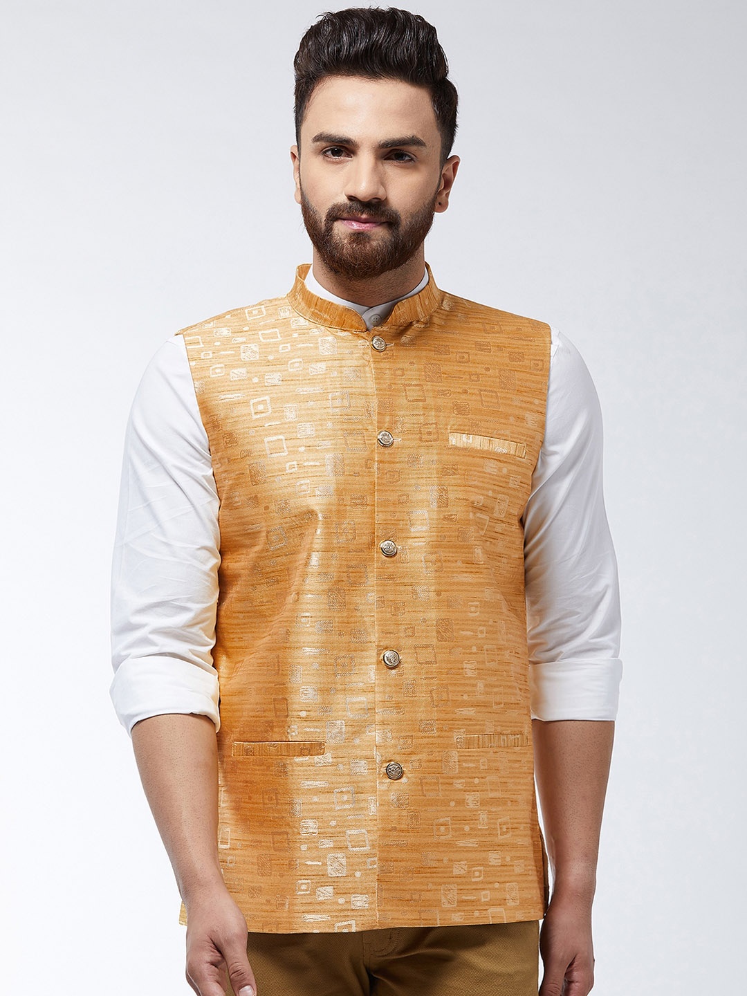 

SOJANYA Men Mustard Yellow Woven Design Nehru Jacket
