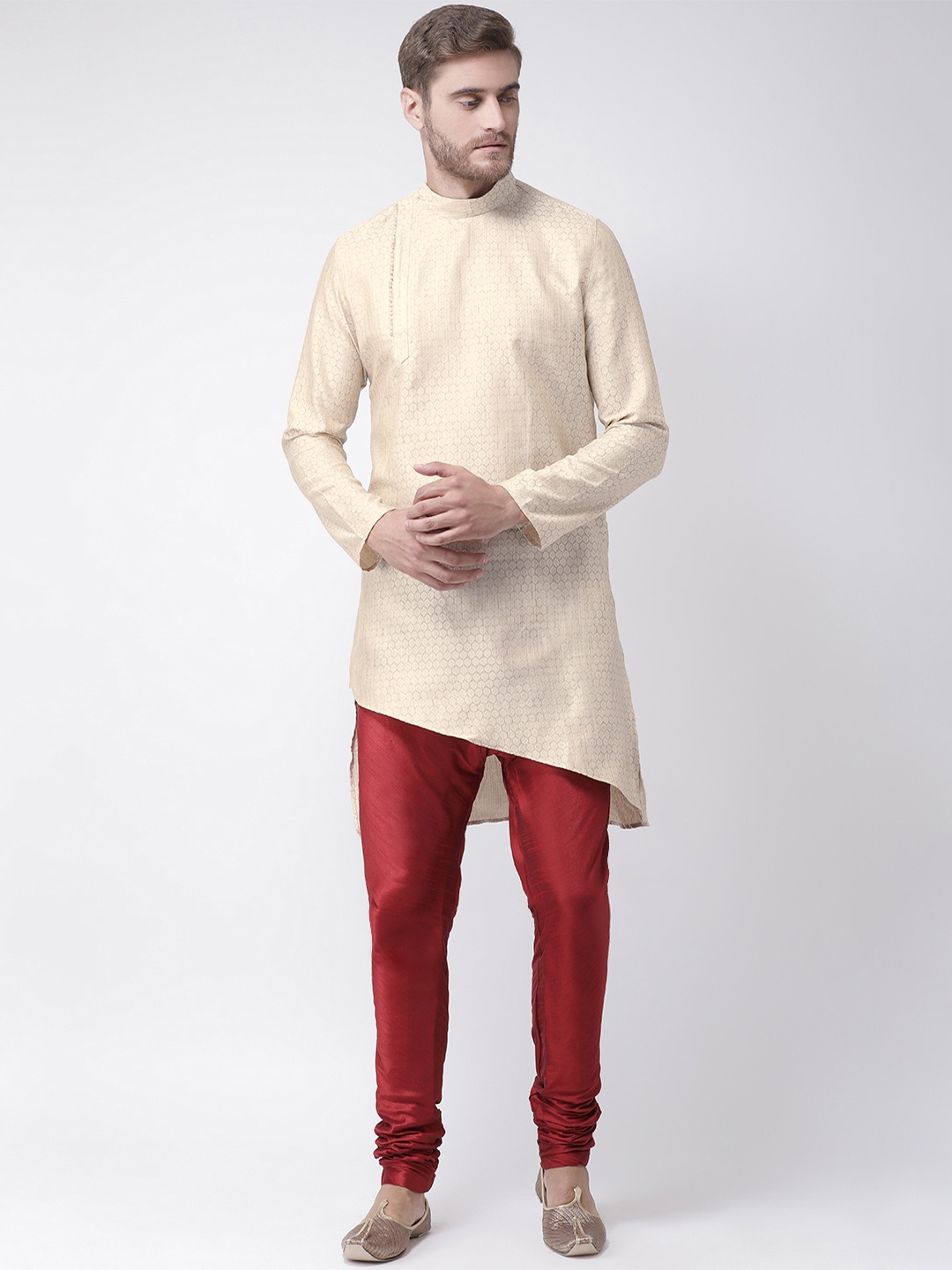 DEYANN Men Cream-Coloured & Red Self Design Kurta with Churidar
