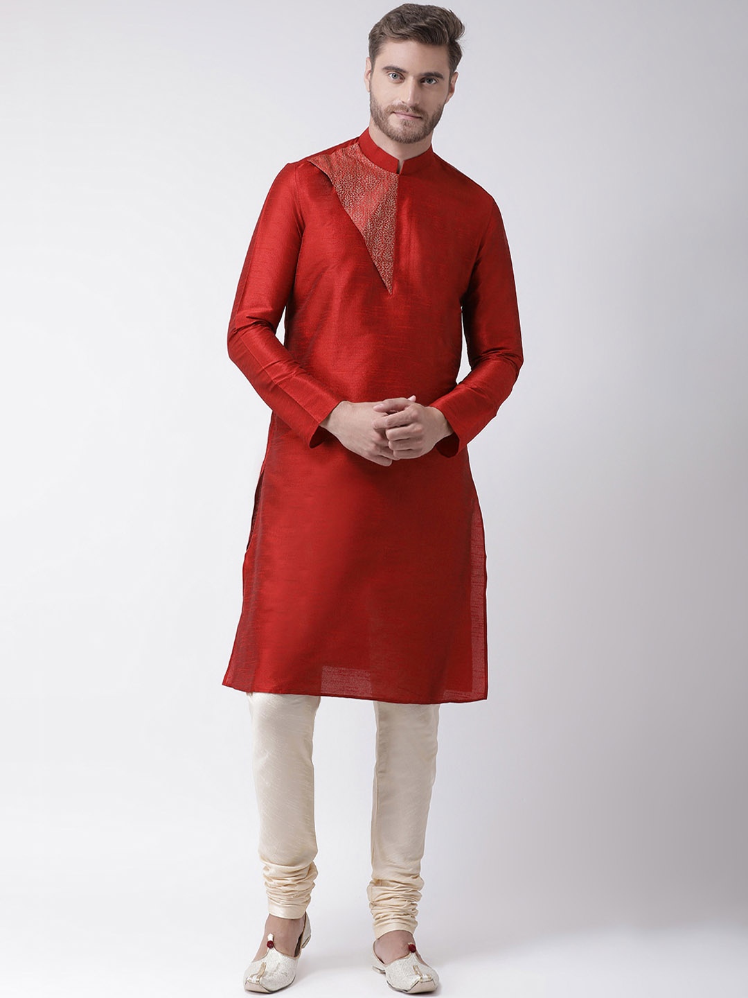 

DEYANN Men Red & Cream-Coloured Self Design Kurta with Churidar