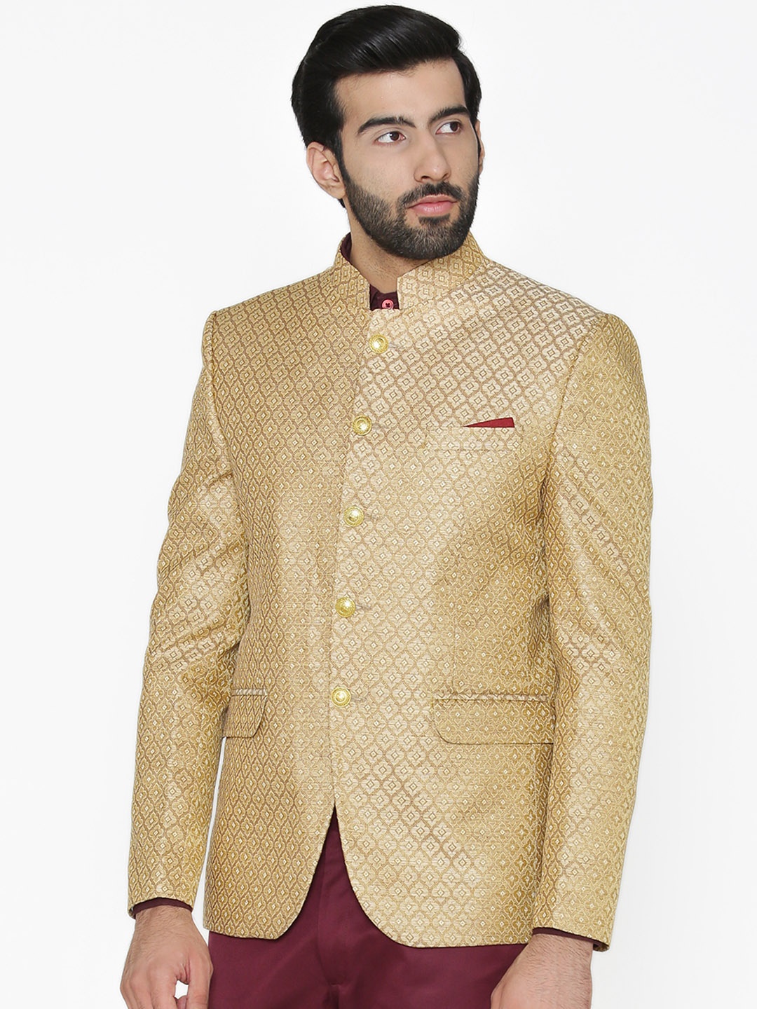 

Wintage Men Beige Self-Design Tailored Fit Bandhgala Blazer