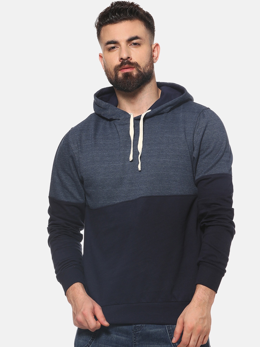 

Campus Sutra Men Navy Blue Solid Hooded Sweatshirt
