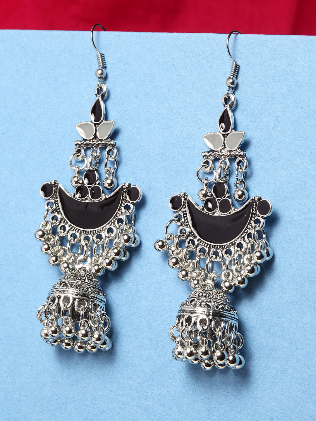 

Shining Diva Fashion Women Silver-Toned Black Oxidised Contemporary Drop Earrings