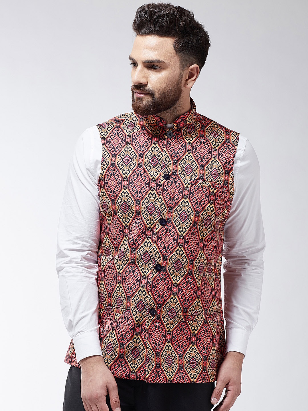 

SOJANYA Men Black & Red Printed Nehru Jacket