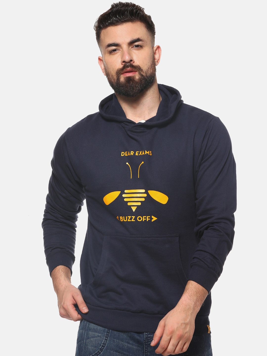 

Campus Sutra Men Navy Blue Solid Hooded Sweatshirt