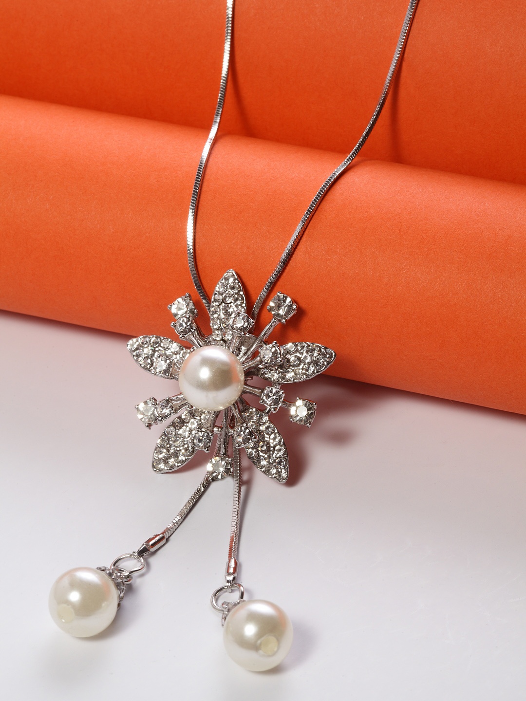 

Shining Diva Fashion Crystal Floral Metal Silver-Plated Antique Necklace