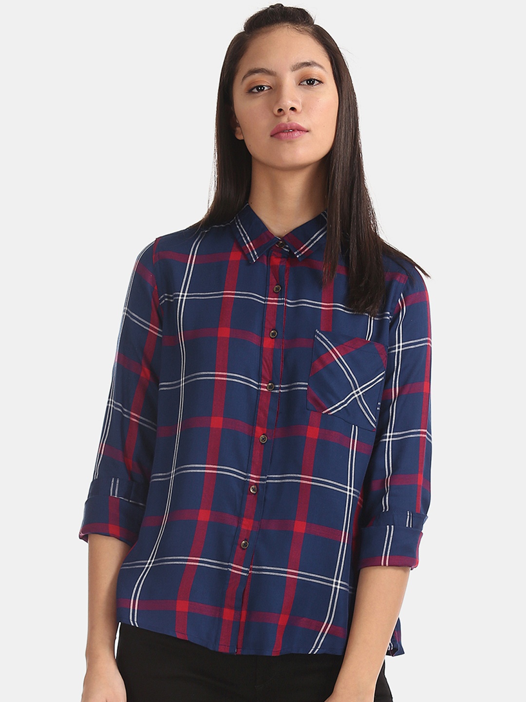 

Cherokee Women Blue Regular Fit Checked Casual Shirt
