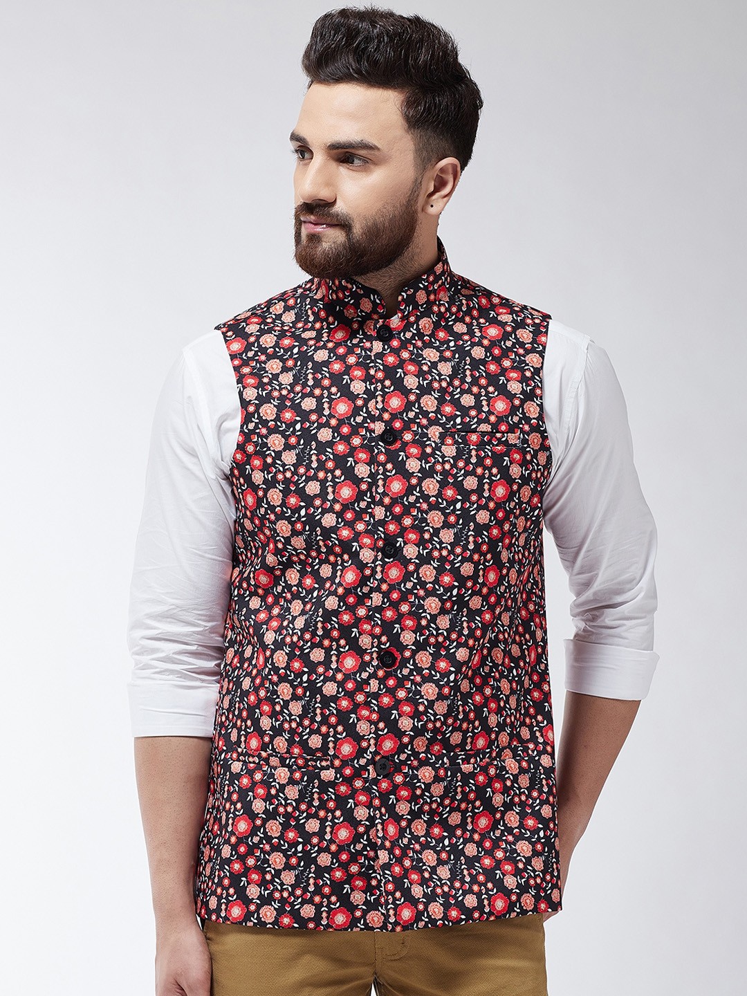 

SOJANYA Men Black & Red Printed Nehru Jacket