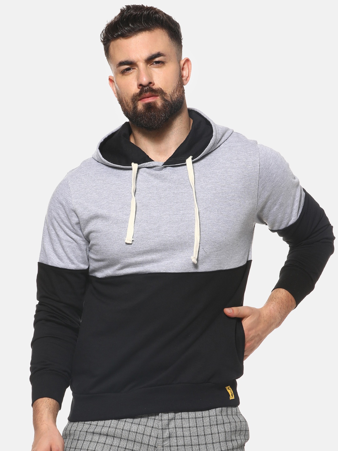 

Campus Sutra Men Black & Grey Colourblocked Hooded Sweatshirt