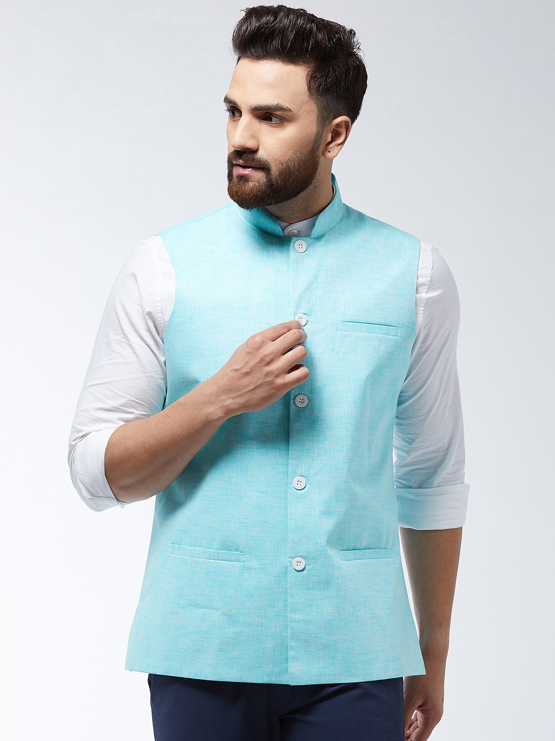 

SOJANYA Men Turquoise Blue Solid Nehru Jacket