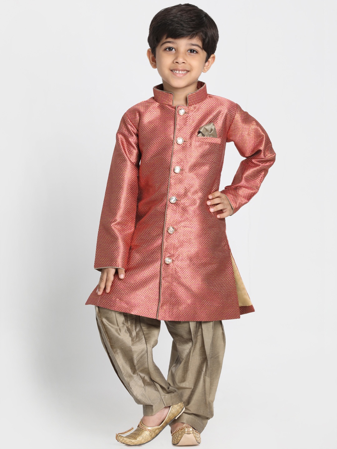 

JBN Creation Boys Maroon & Camel Brown Woven Design Silk Sherwani Set