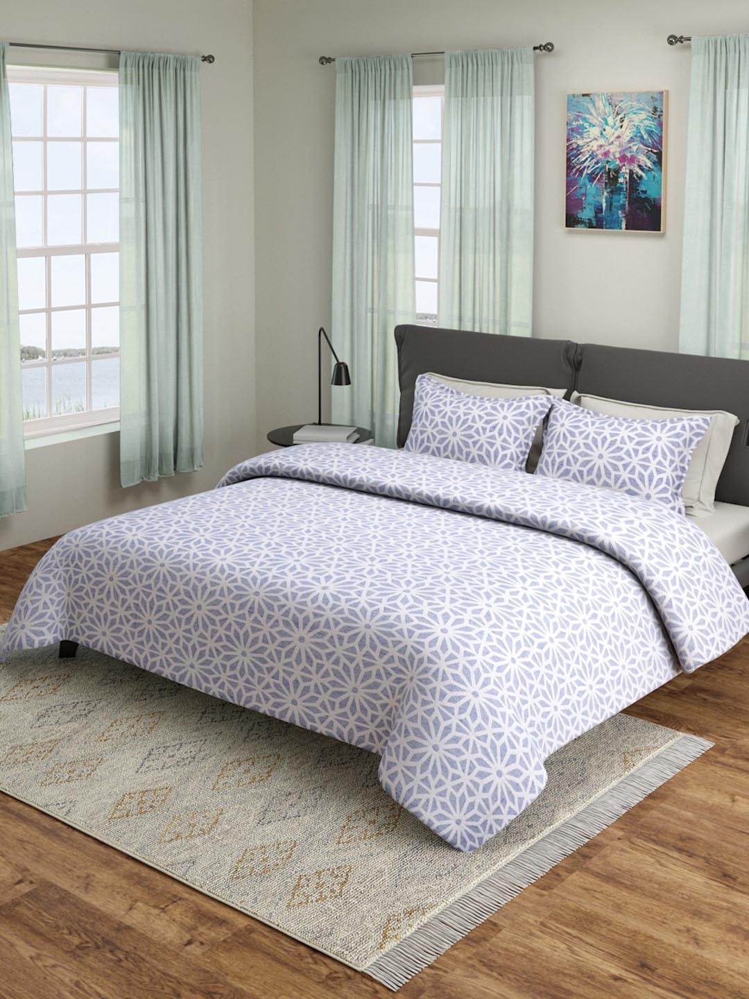 

ROMEE Blue & White Printed Bed Cover With Pillow Covers