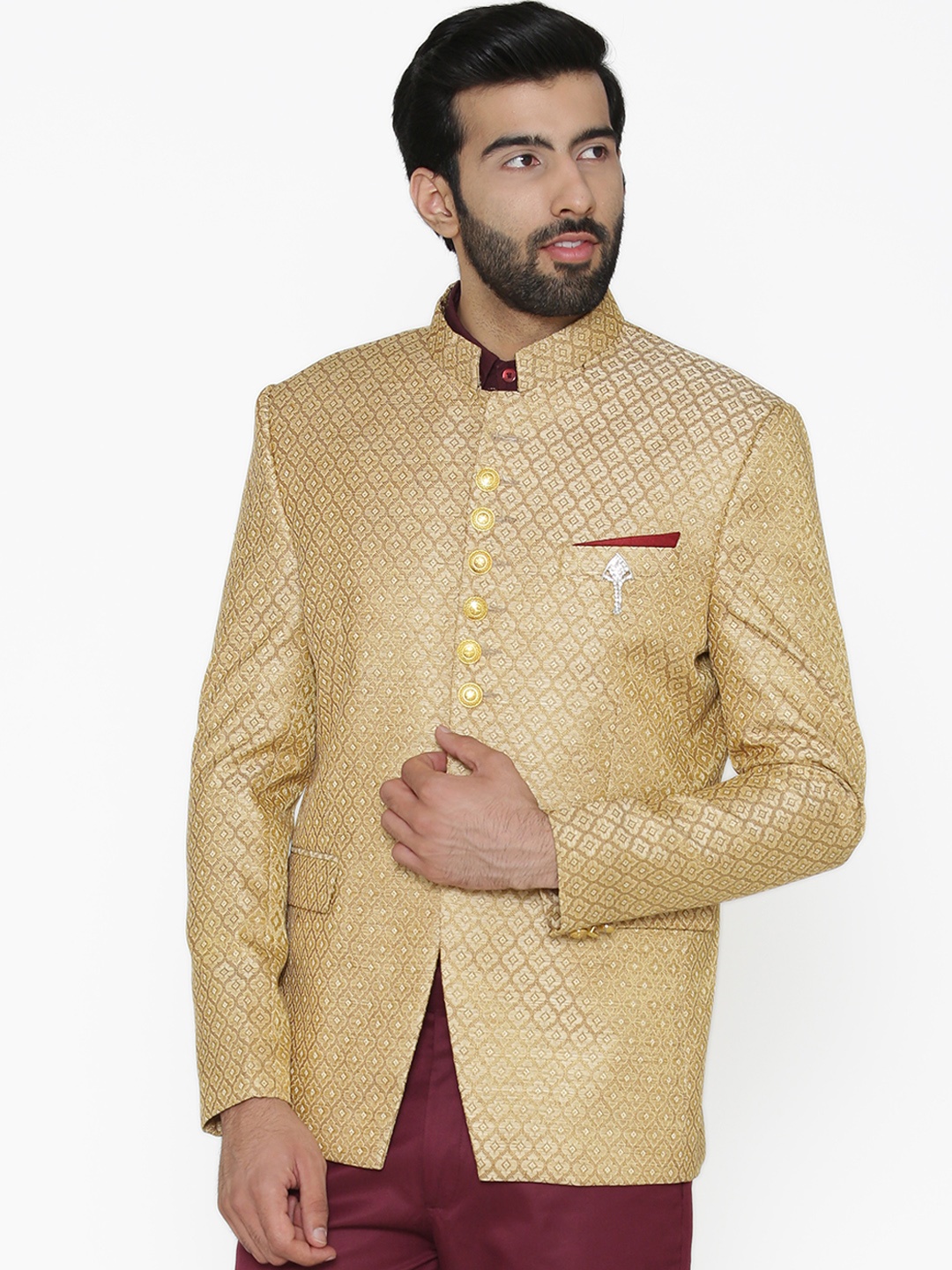 

Wintage Men Beige Self-Design Tailored Fit Bandhgala Blazer