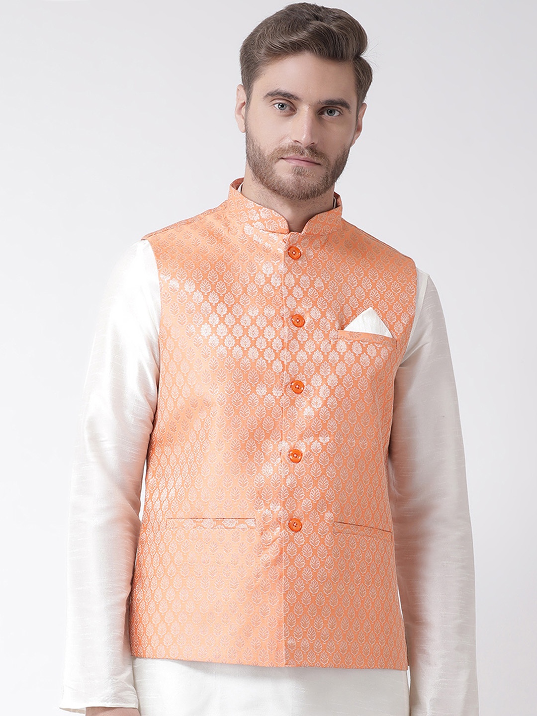 

DEYANN Men Orange Woven Design Nehru Jacket