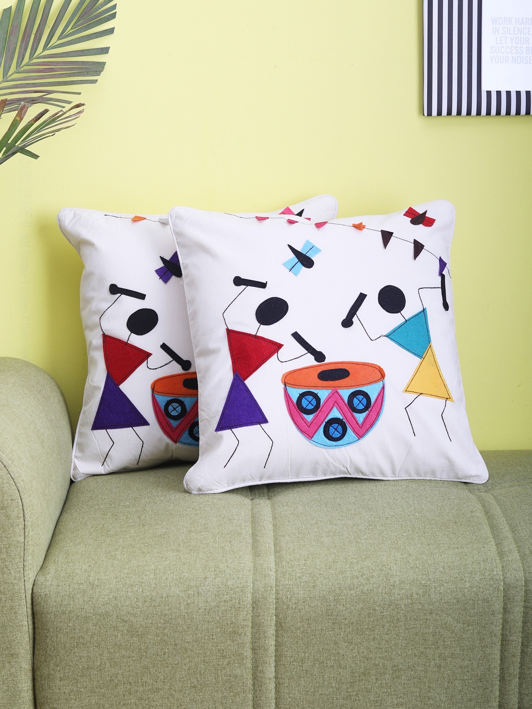 VarEesha White & Multicoloured Set of 2 Quirky Square Cushion Covers