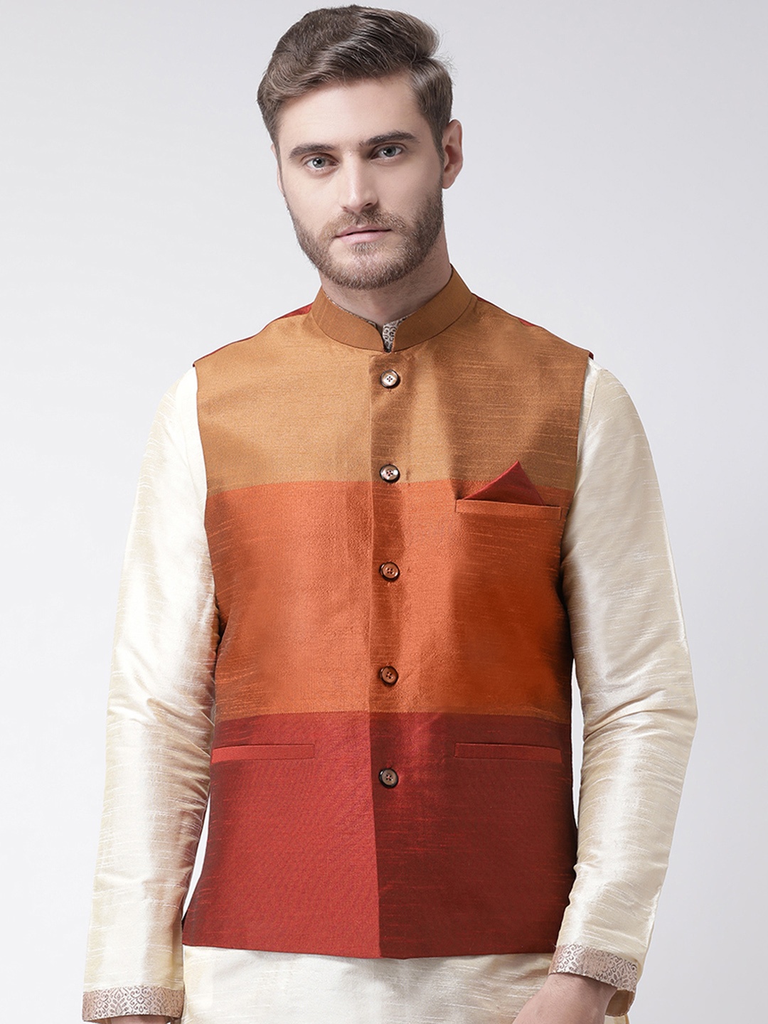 DEYANN Men Maroon & Mustard Orange Colourblocked Nehru Jacket