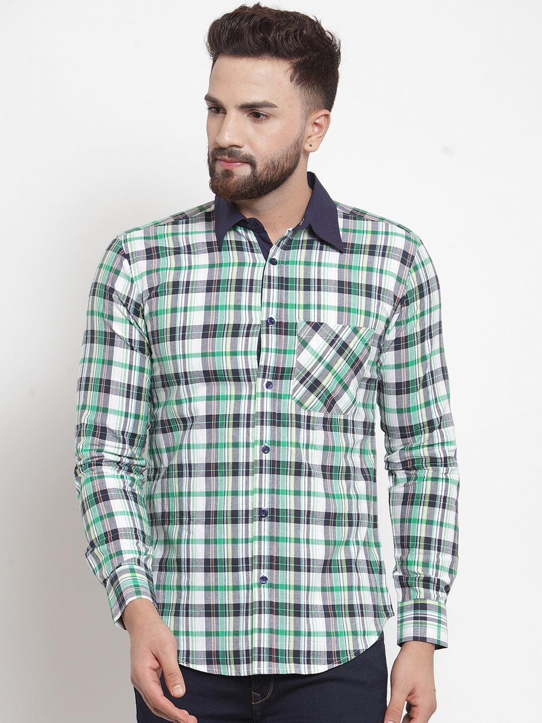 

Purple State Men White & Green Slim Fit Checked Casual Shirt